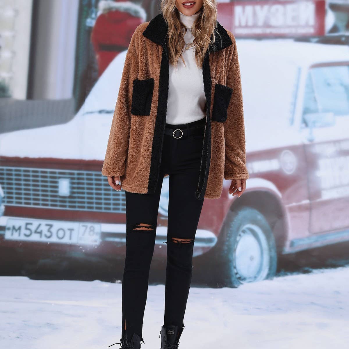 Lapel long sleeve color matching fleece jacket