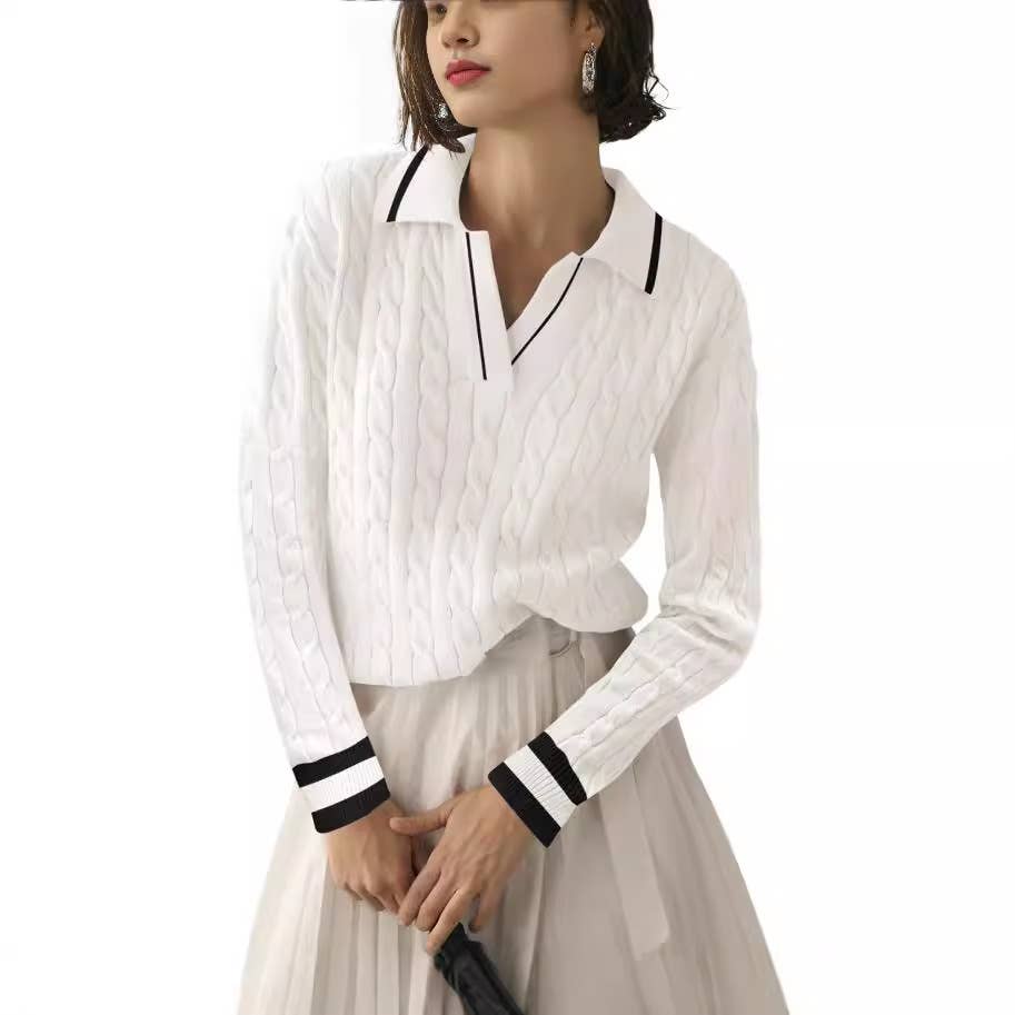 LAPEL V-NECK FLORAL KNIT PULLOVER CASUAL SWEATER