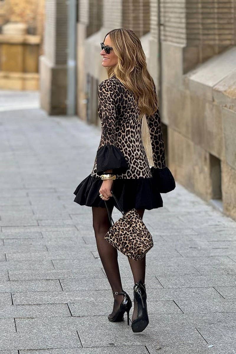 CWDSD8428_SPRING LEOPARD PRINT FLARED SLEEVE RUFFLE DRESS