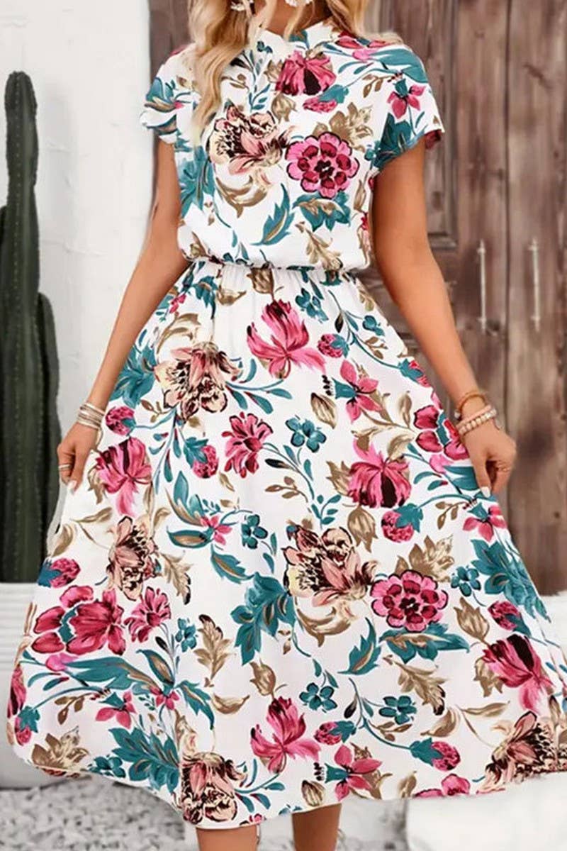 CWDMD5079_SUMMER LOOSE SHORT-SLEEVED FLORAL MIDI DRESS