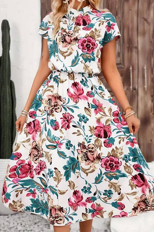 CWDMD5079_SUMMER LOOSE SHORT-SLEEVED FLORAL MIDI DRESS