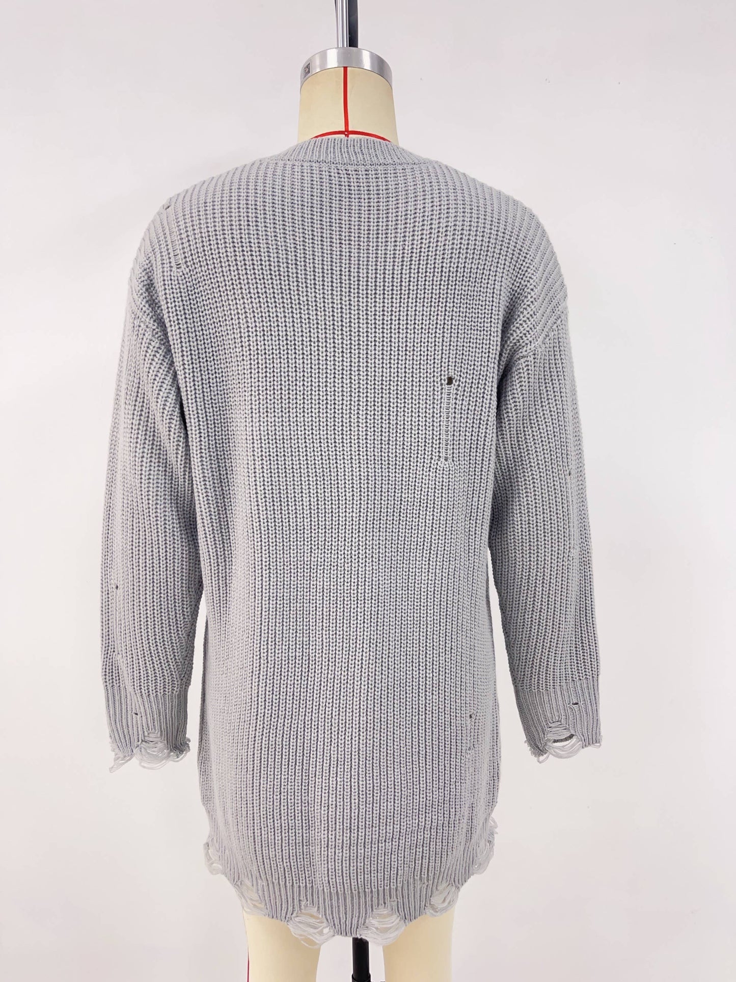 Pure color round collar hem hole loose dress