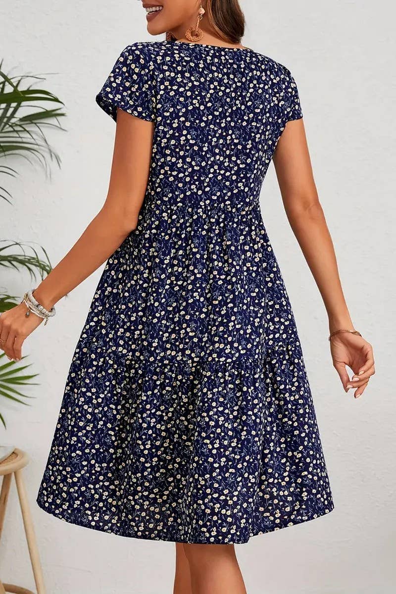CWDMD5595_SPRING AND SUMMER PRINTED ROUND NECK DRESS