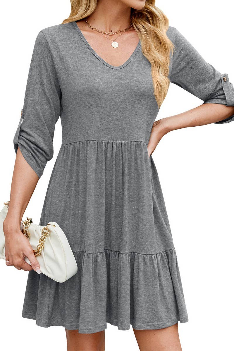 CWDSD7422_LOOSE MID-LENGTH SLEEVE V-NECK PLEATED RUFFLE DRES