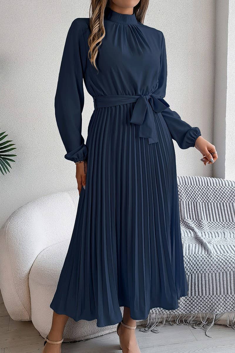 CWDMD3430_TIE STAND COLLAR PLEATED MAXI DRESS