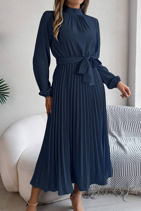 CWDMD3430_TIE STAND COLLAR PLEATED MAXI DRESS