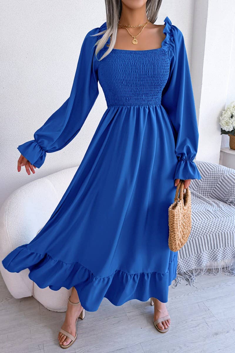 SQUARE NECK LARGE SWING FLOUNCES LONG DRESS_CWDMD1165