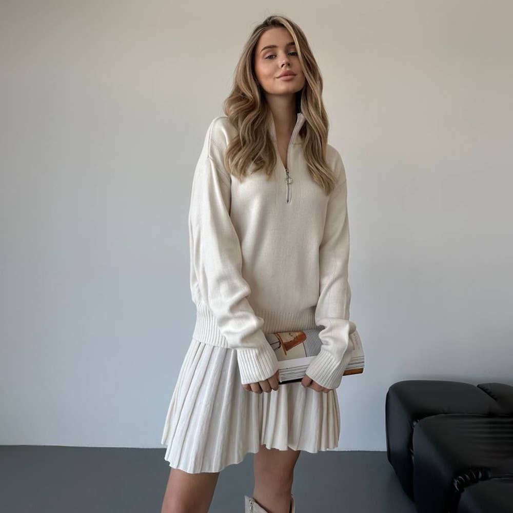 Two-piece knitted sweater and short skirt set