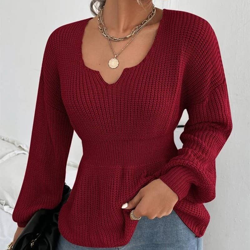 FASHION V-NECK LONG SLEEVE RUFFLED WAIST KNIT