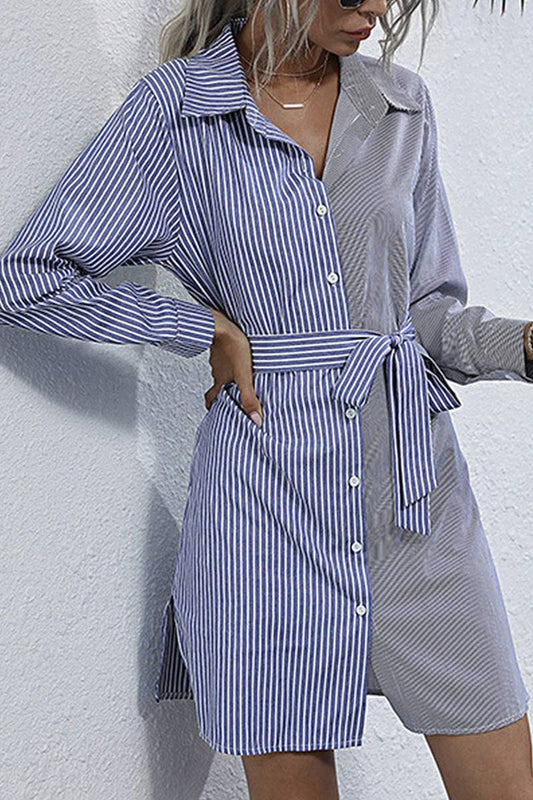 LONG SLEEVED LACE UP STRIPED SHIRT DRESS_CWDMD0979