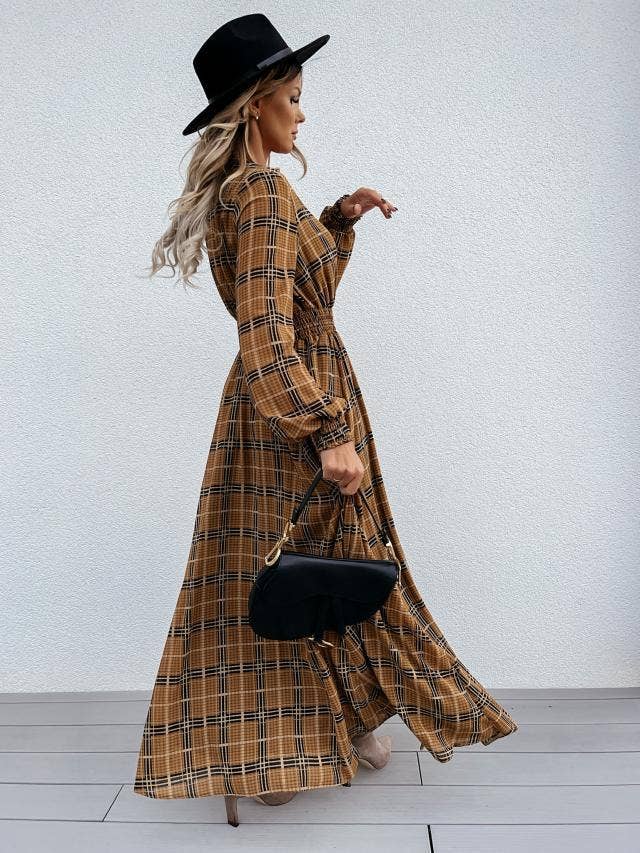 PLAID PRINT LONG-SLEEVED WAIST SLIT DRESS