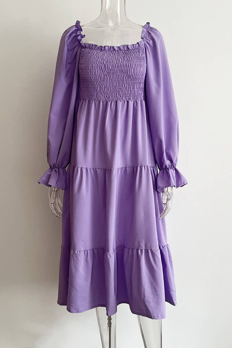 CWDMD4822_RUFFLED SQUARE NECK TRUMPET SLEEVE SWING DRESS