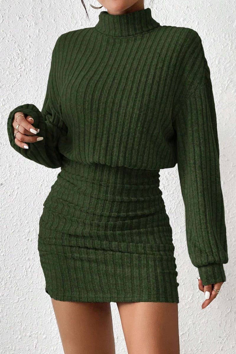 CWDSD6470_SOLID COLOR HIGH COLLAR HIP WRAP KNIT DRESS