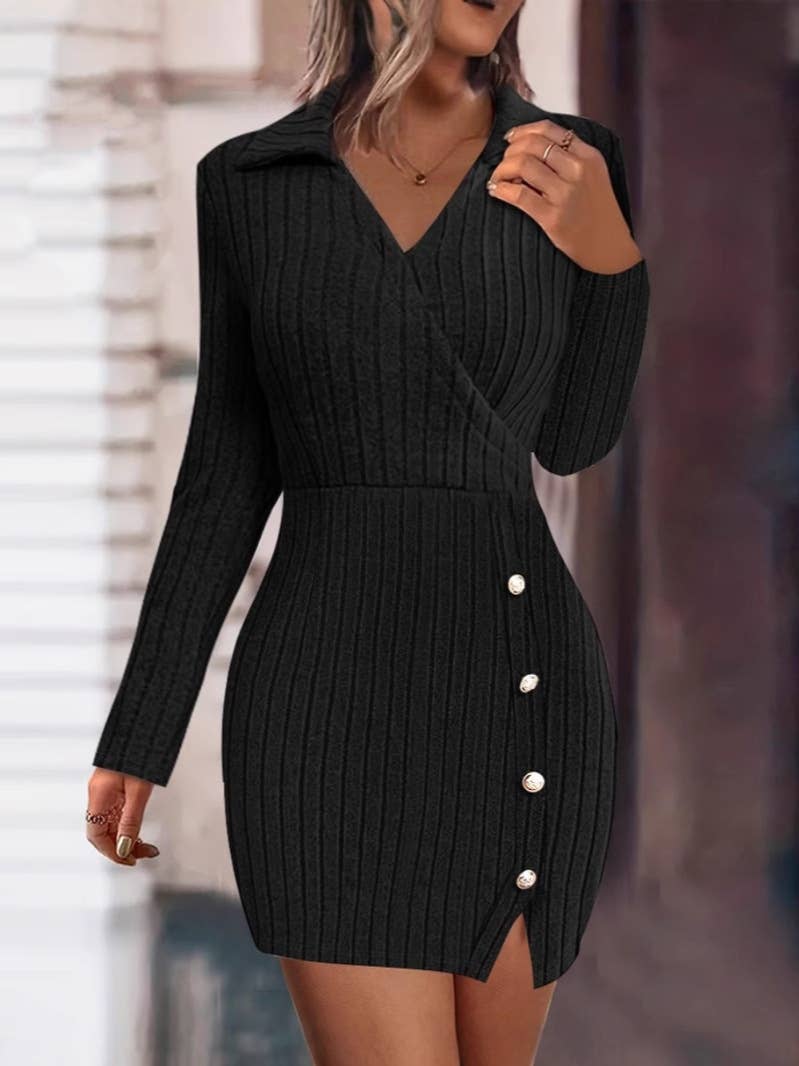 Solid color V-neck tight wrap hip slim-fit dress