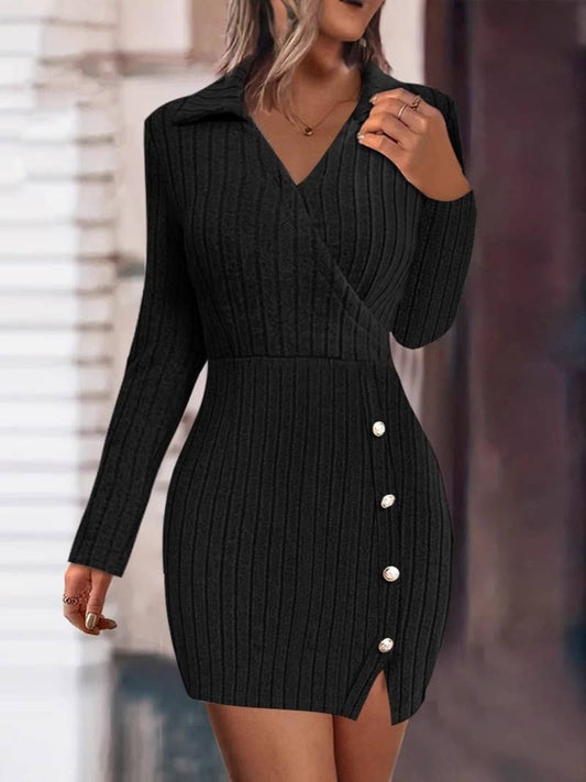 Solid color V-neck tight wrap hip slim-fit dress