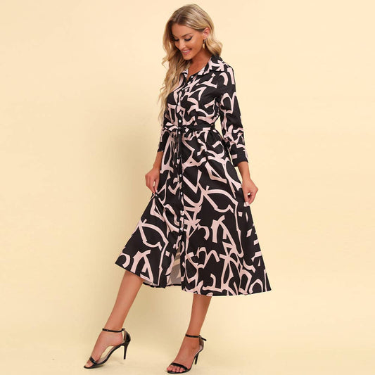 Lapel print waist slimming casual popular dress