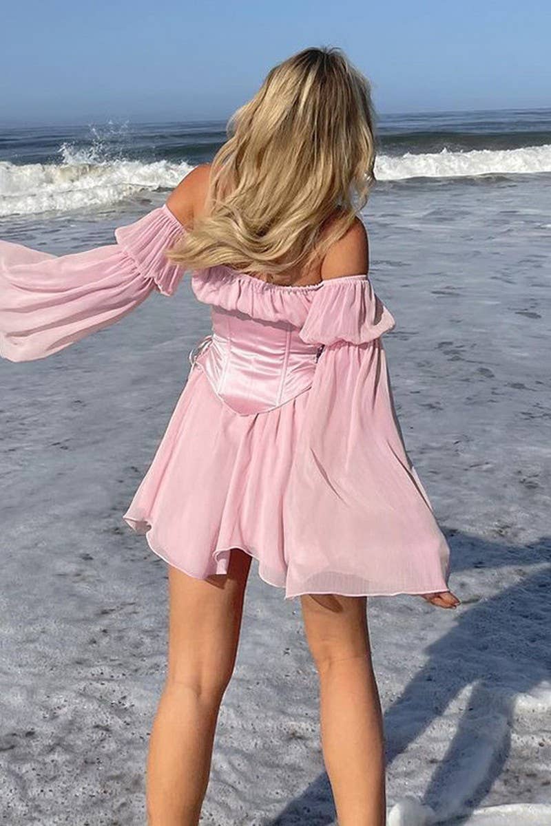 CWDSD6716_OFF-THE-SHOULDER TIE WAIST FLARED SLEEVE DRESS