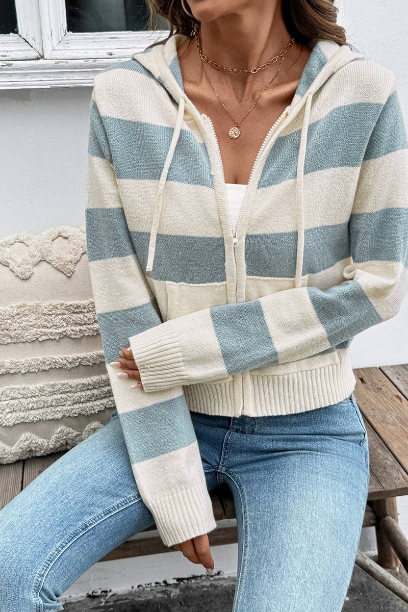 CWOCAL00595_STRIPE COLORBLOCK ZIP HOODIE CARDIGAN SWEATER