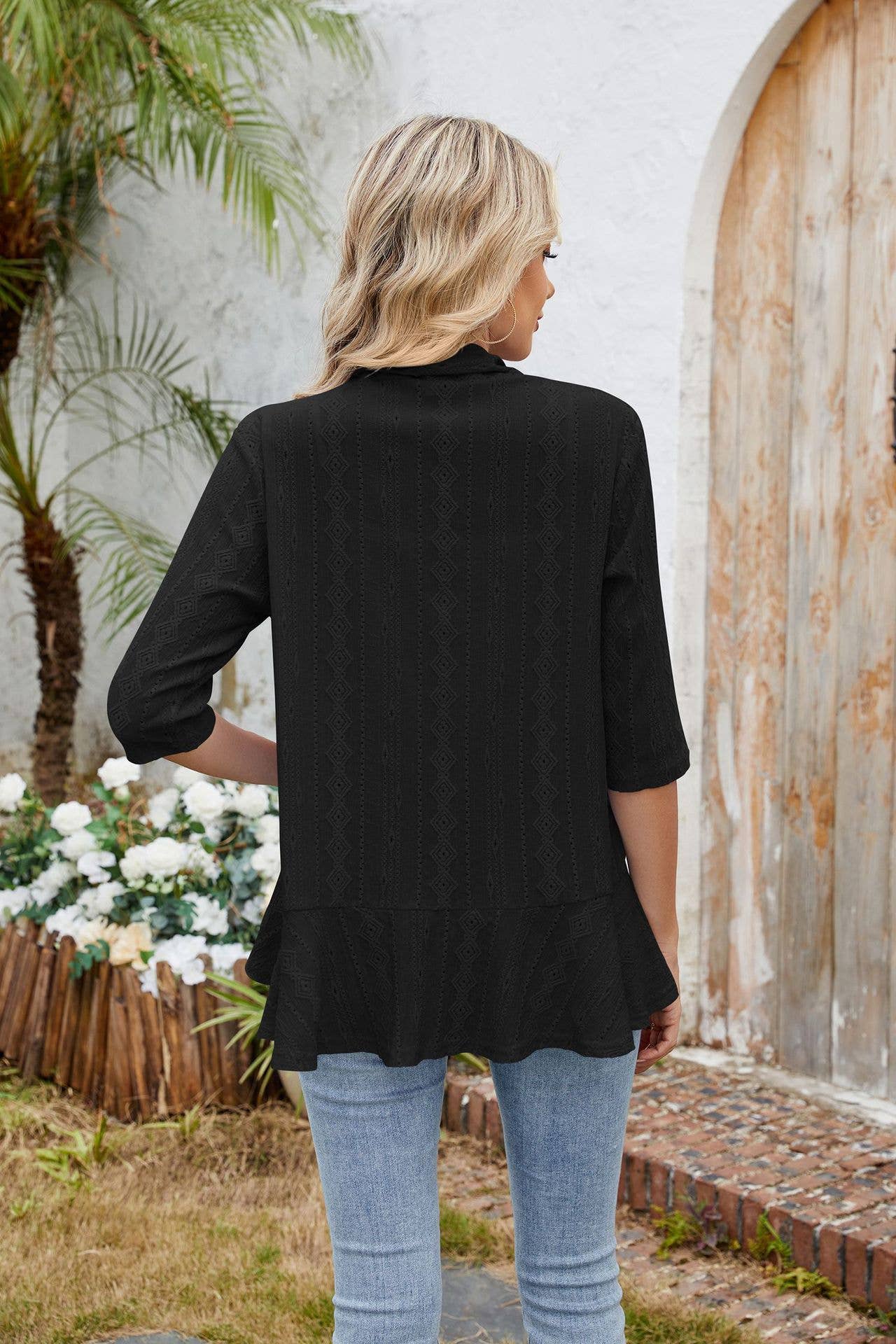 Three-quarter sleeve ruffled solid color cardigan