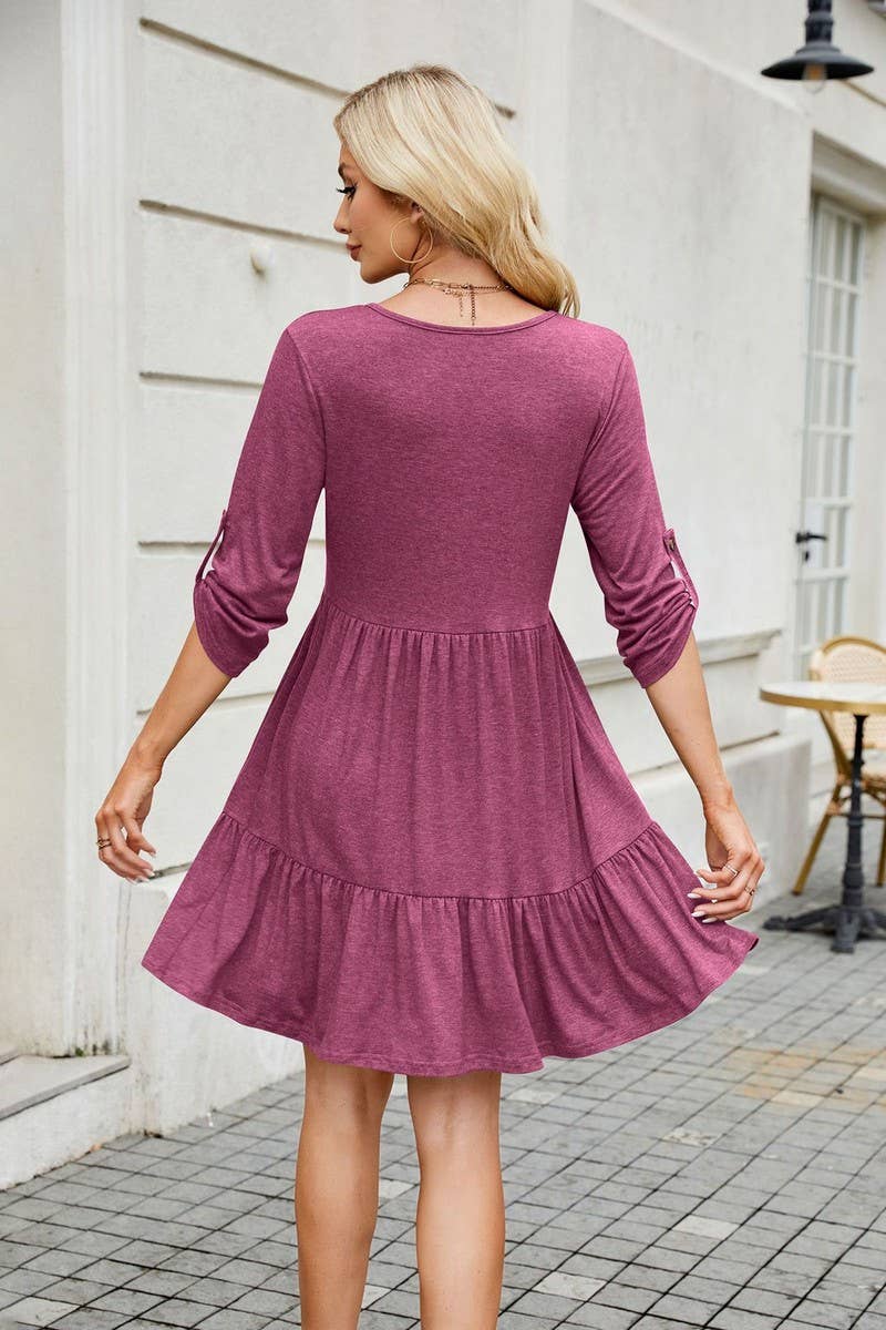 CWDSD7285_ROUND NECK BUTTON GATHERED ELBOW SLEEVE DRESS