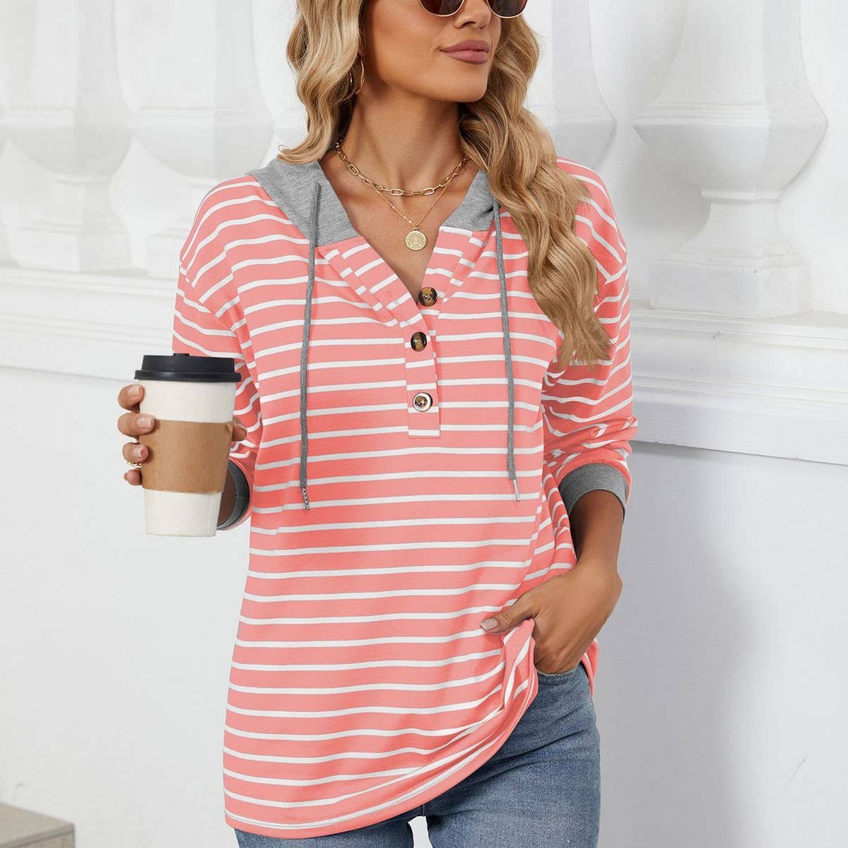 Hooded button drawstring long-sleeved hoodie