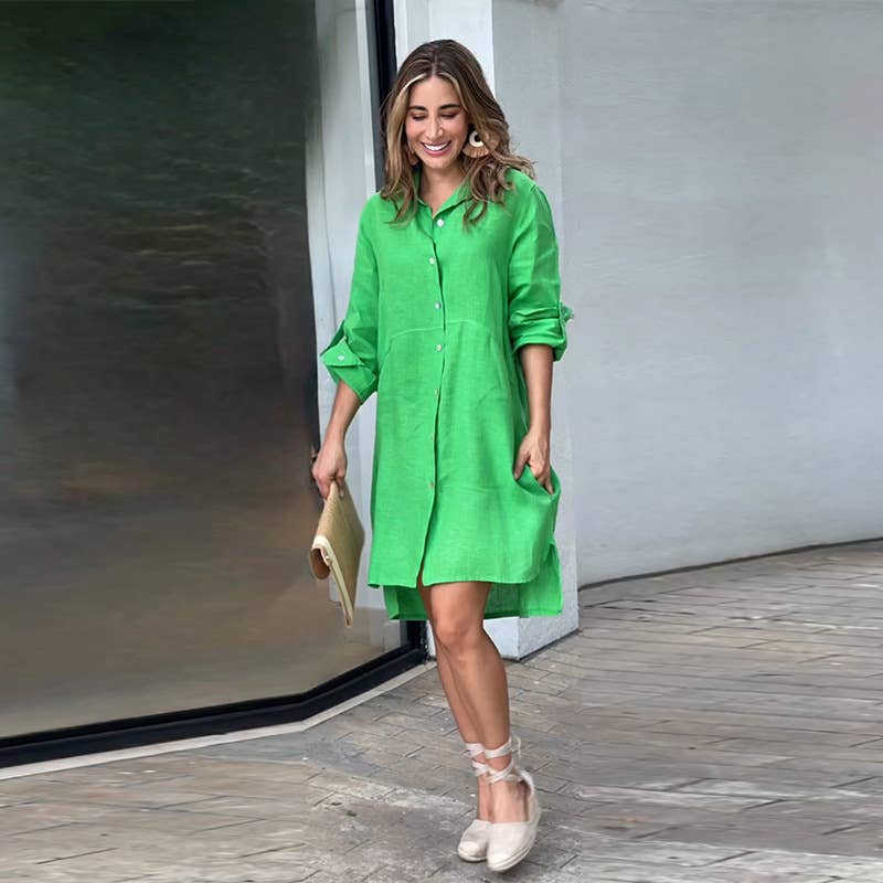 SOLID COLOR CASUAL STAND COLLAR BUTTON LONG DRESS