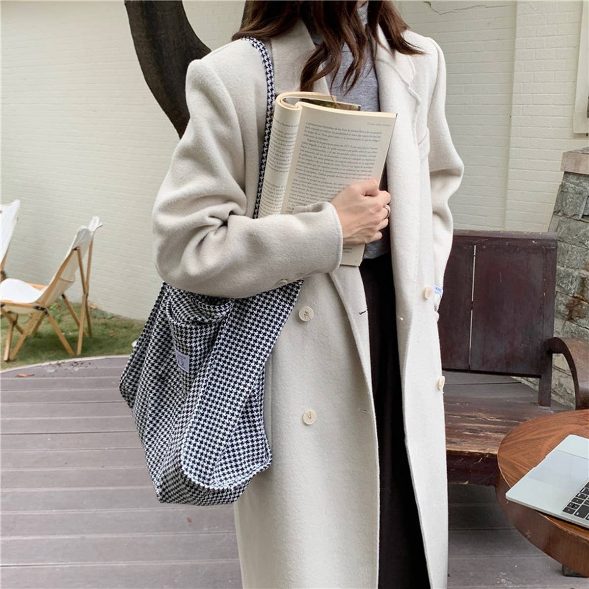 CWAB3906_HOUNDSTOOTH CANVAS SHOULDER TOTE BAG