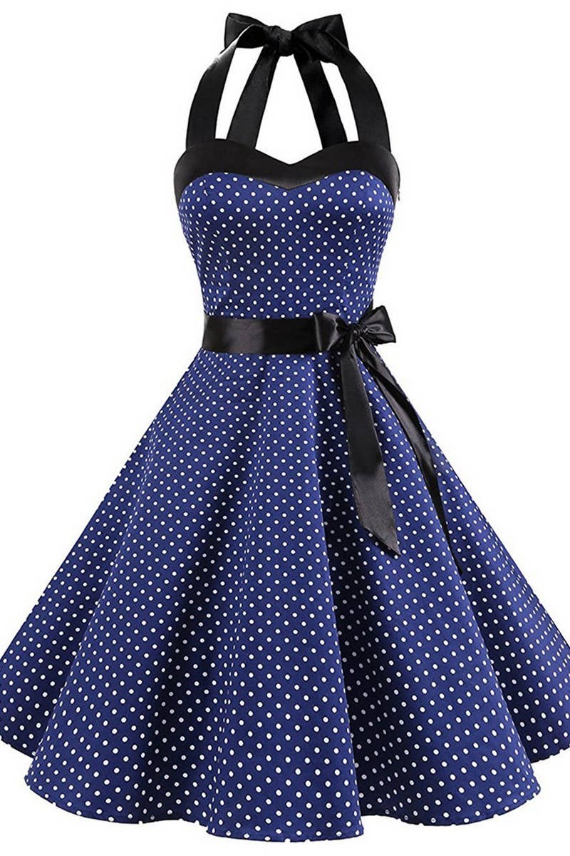 CWDHL01133_POLKA DOT OFF-THE-SHOULDER HALTERNECK DRESS