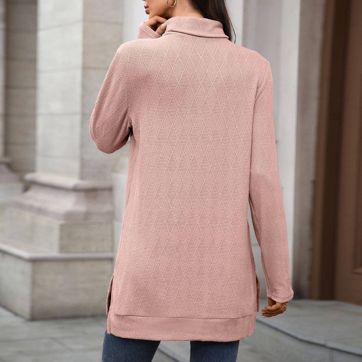 Solid-color high-neck long-sleeved slit T-shirt