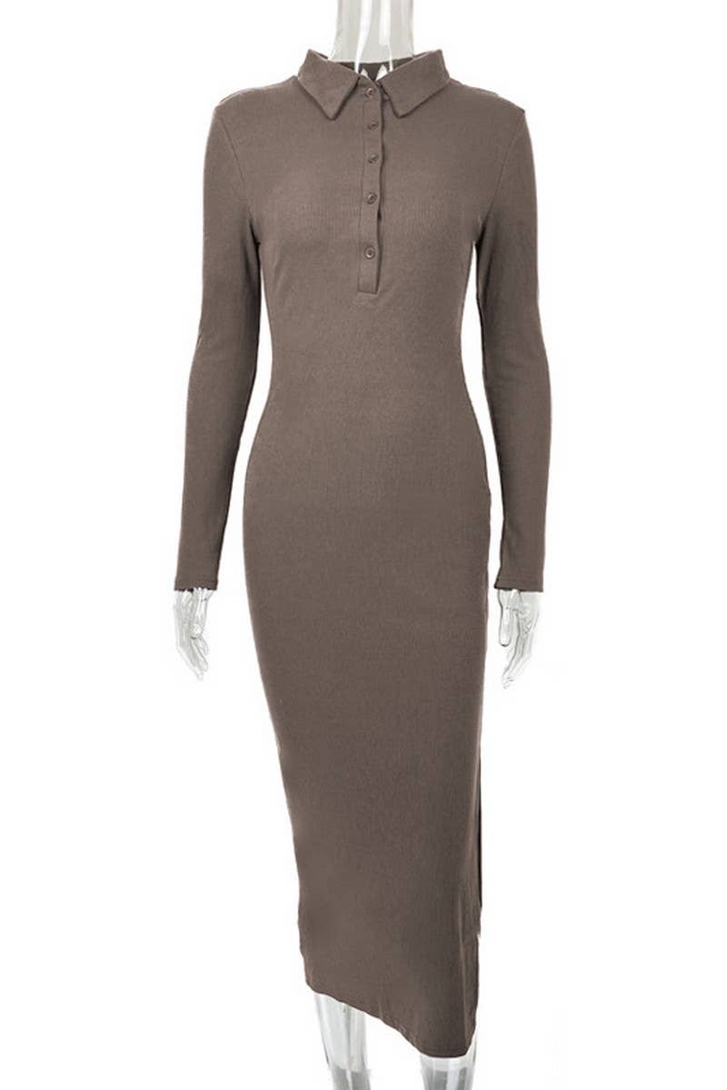 CWDMD4903_SLIM FIT POLO NECK RIBBED LONG SLEEVE SLIT DRESS