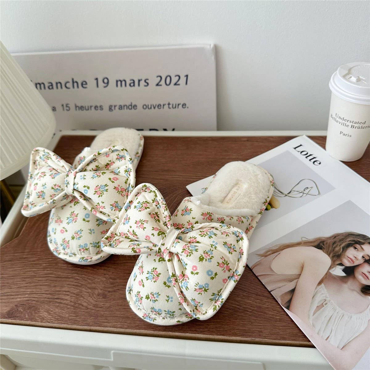 WOMEN'S BOWKNOT FLORAL PLUSH HOME SLIPPERS