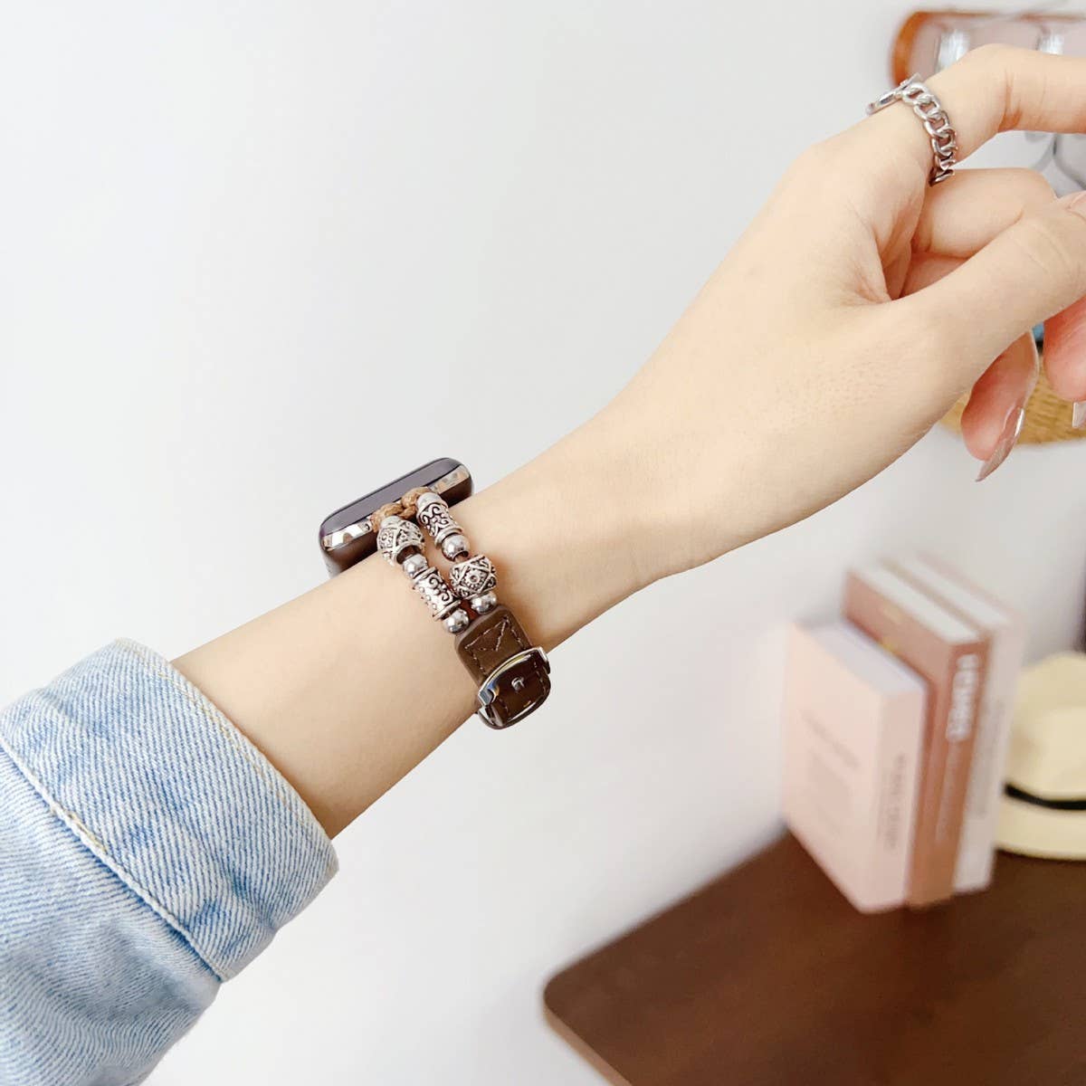 IWATCH8-1 SE TIBETAN SILVER GENUINE LEATHER STRAP