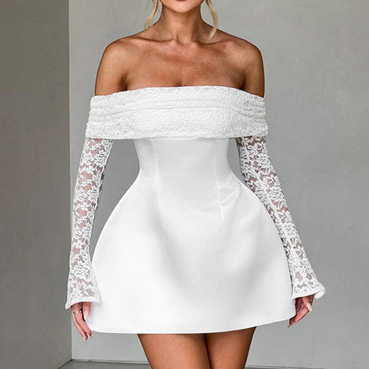 One-shoulder, form-fitting lace short dress