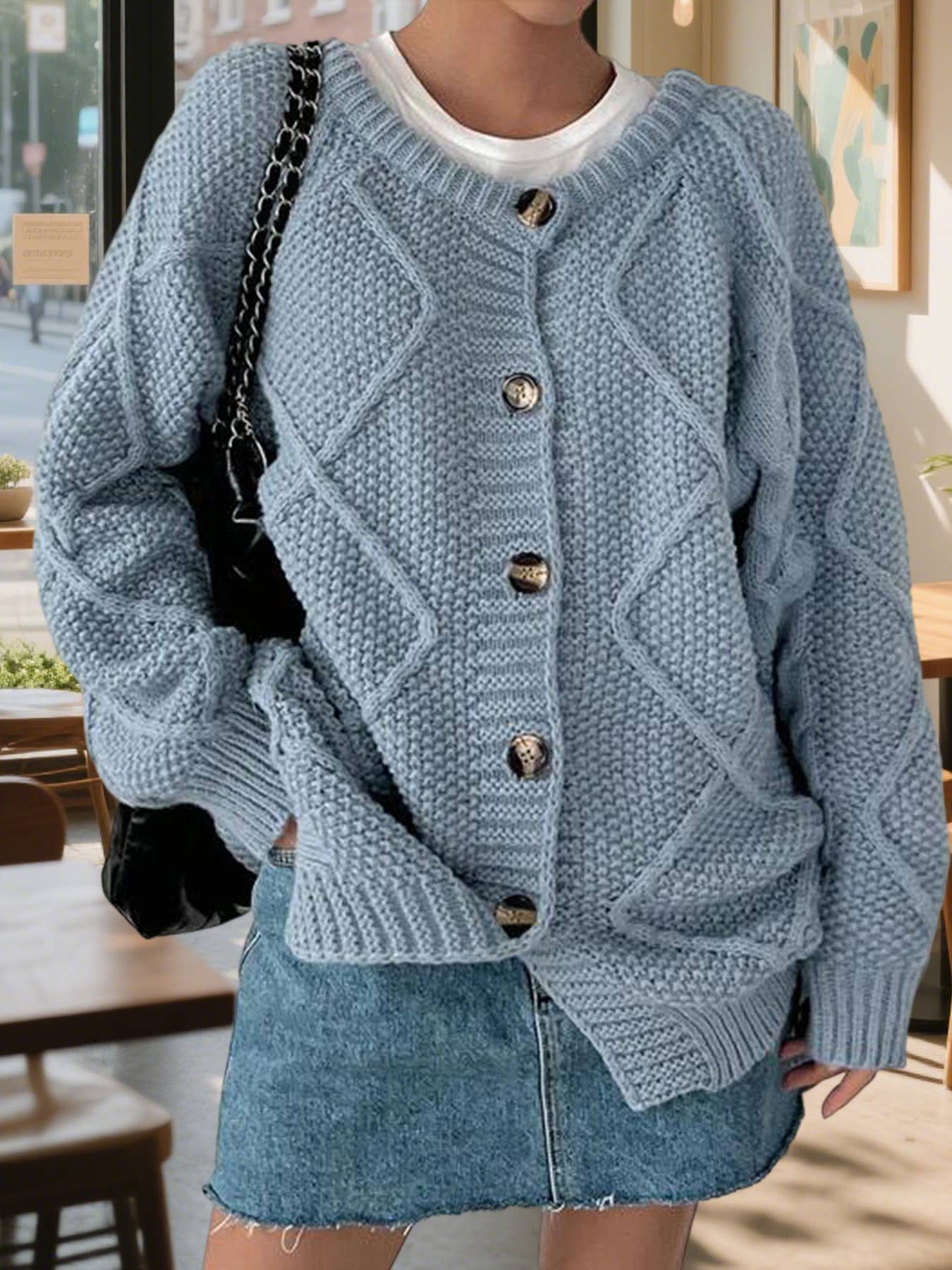 Solid-color diamond-check loose knitted cardigan