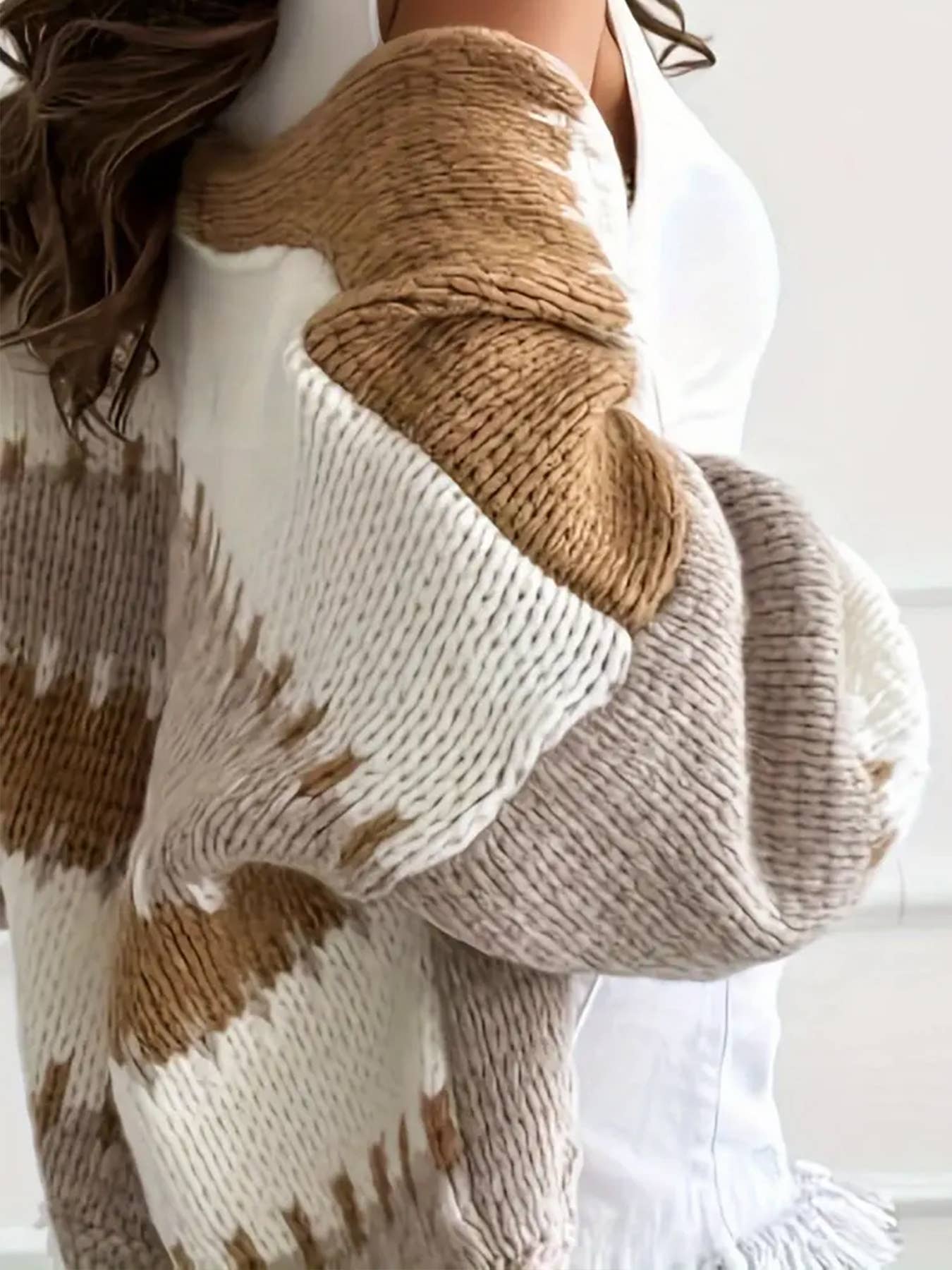 Lantern sleeves color-blocking knit cardigan