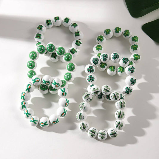 ST. PATRICK'S DAY WHITE WOOD BEAD BRACELET SET_CWMM3505