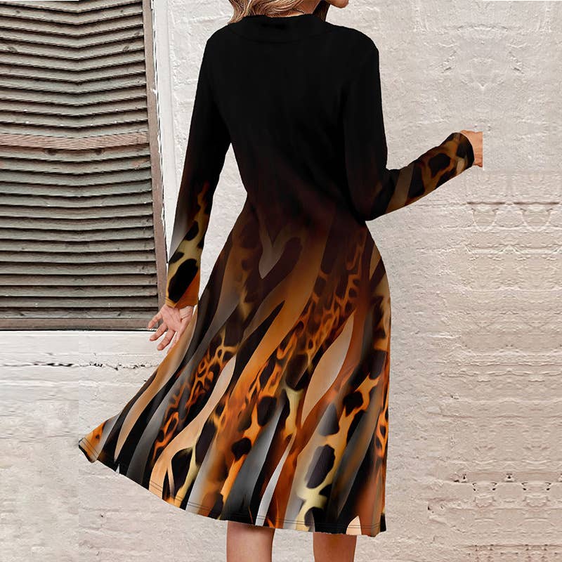 LONG SLEEVE ABSTRACT LEOPARD PRINT GRADIENT DRESS