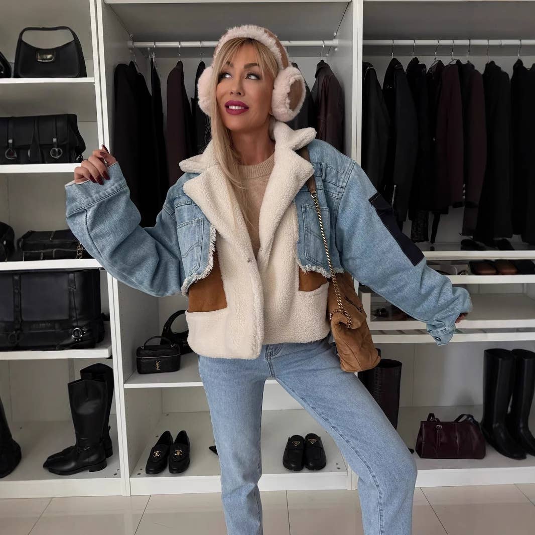 LAMB WOOL JACKET PATCHWORK DENIM SHORT JACKET