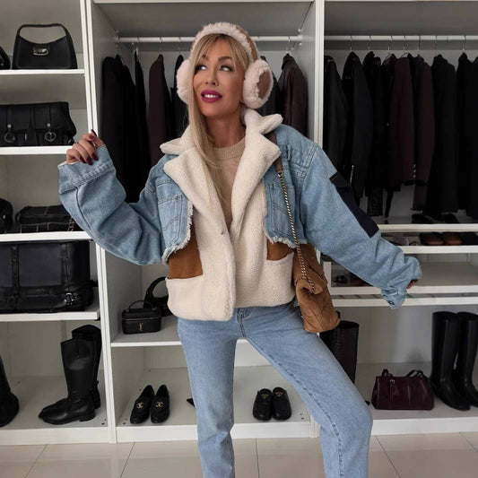 LAMB WOOL JACKET PATCHWORK DENIM SHORT JACKET