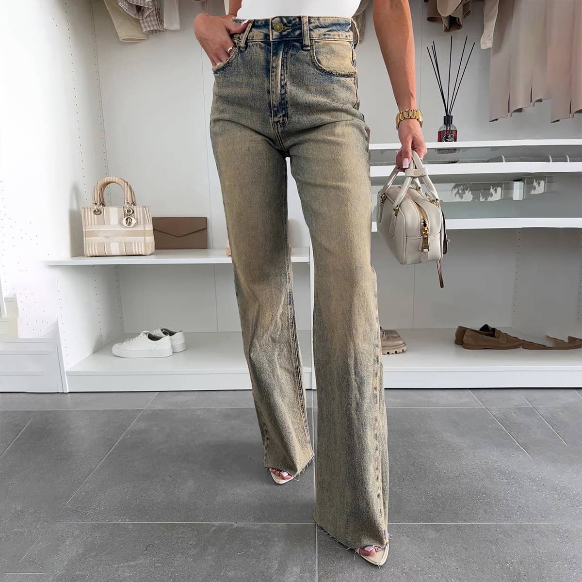 Heavy-duty washed stretch straight-leg jeans