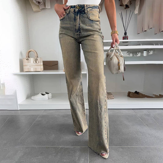 Heavy-duty washed stretch straight-leg jeans