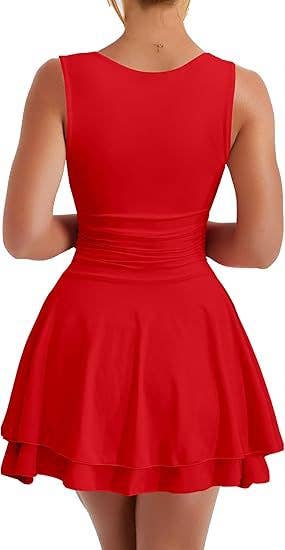 Mini dress with square neck waist pleated hem