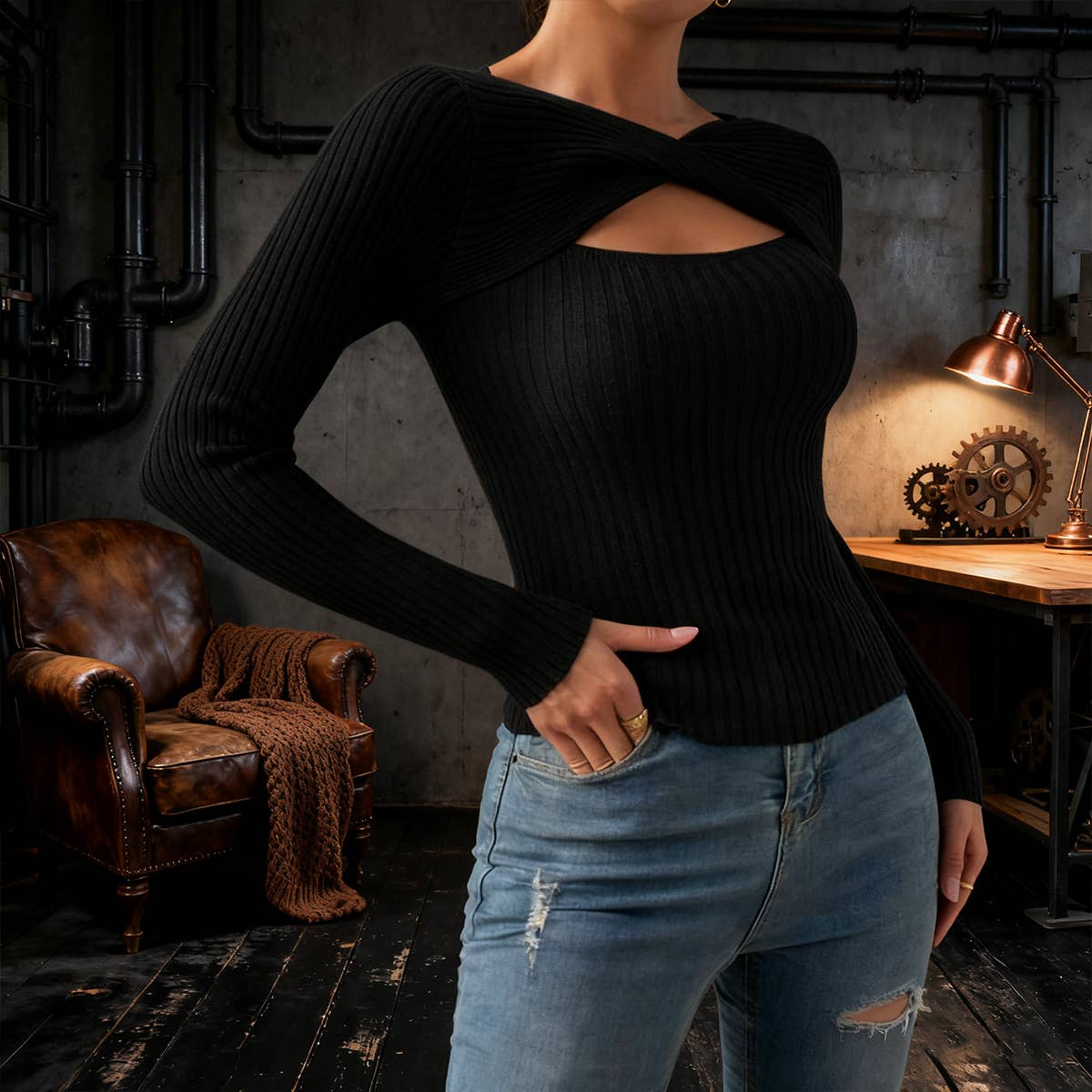 Sexy cut-out pullover solid-color knitted top