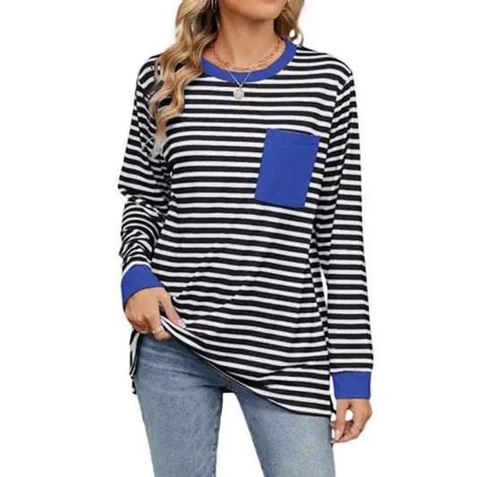 Round neck color pocket split loose top