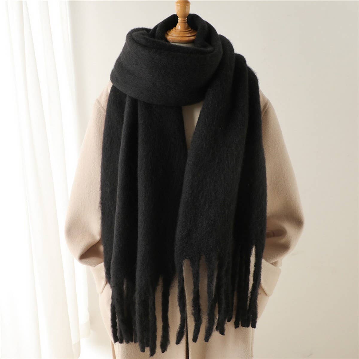 Mohair Tassel Scarf for Winter, Unisex Long Shawl