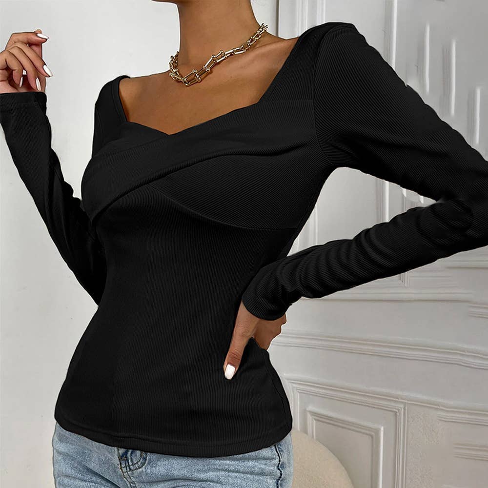 SLIM-FIT WAIST NECK KNITTED LONG SLEEVE T-SHIRT