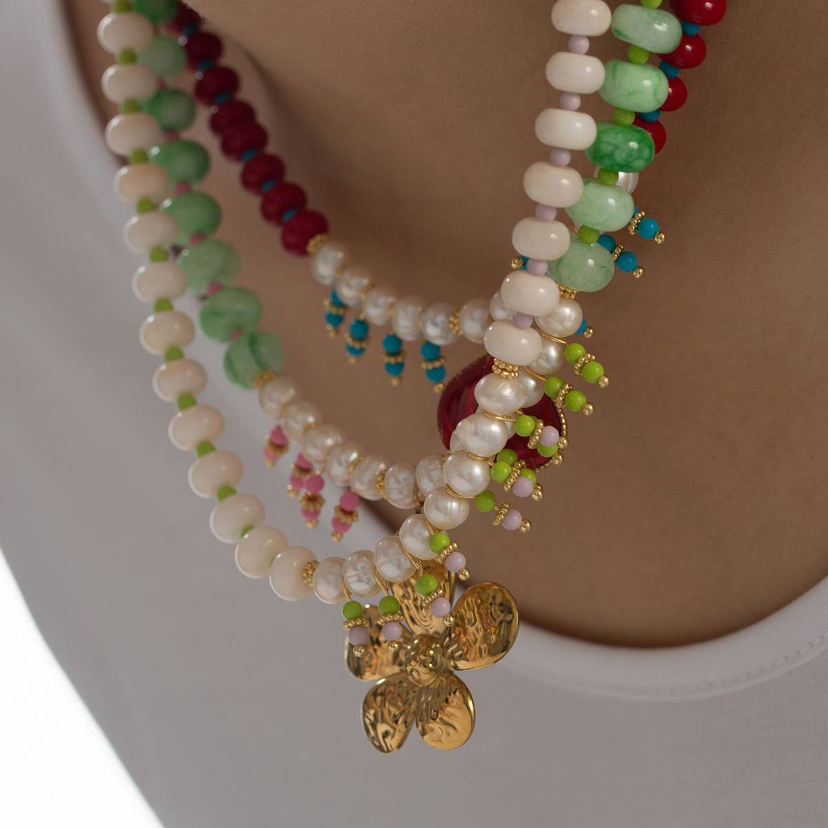 Elegant Dyed Stone Necklace with Pearl Tassels