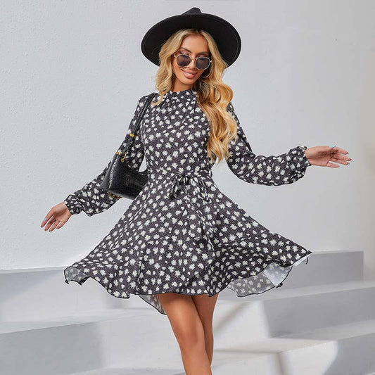 PEPLUM V-NECK LONG-SLEEVED MID-LENGTH DRESS