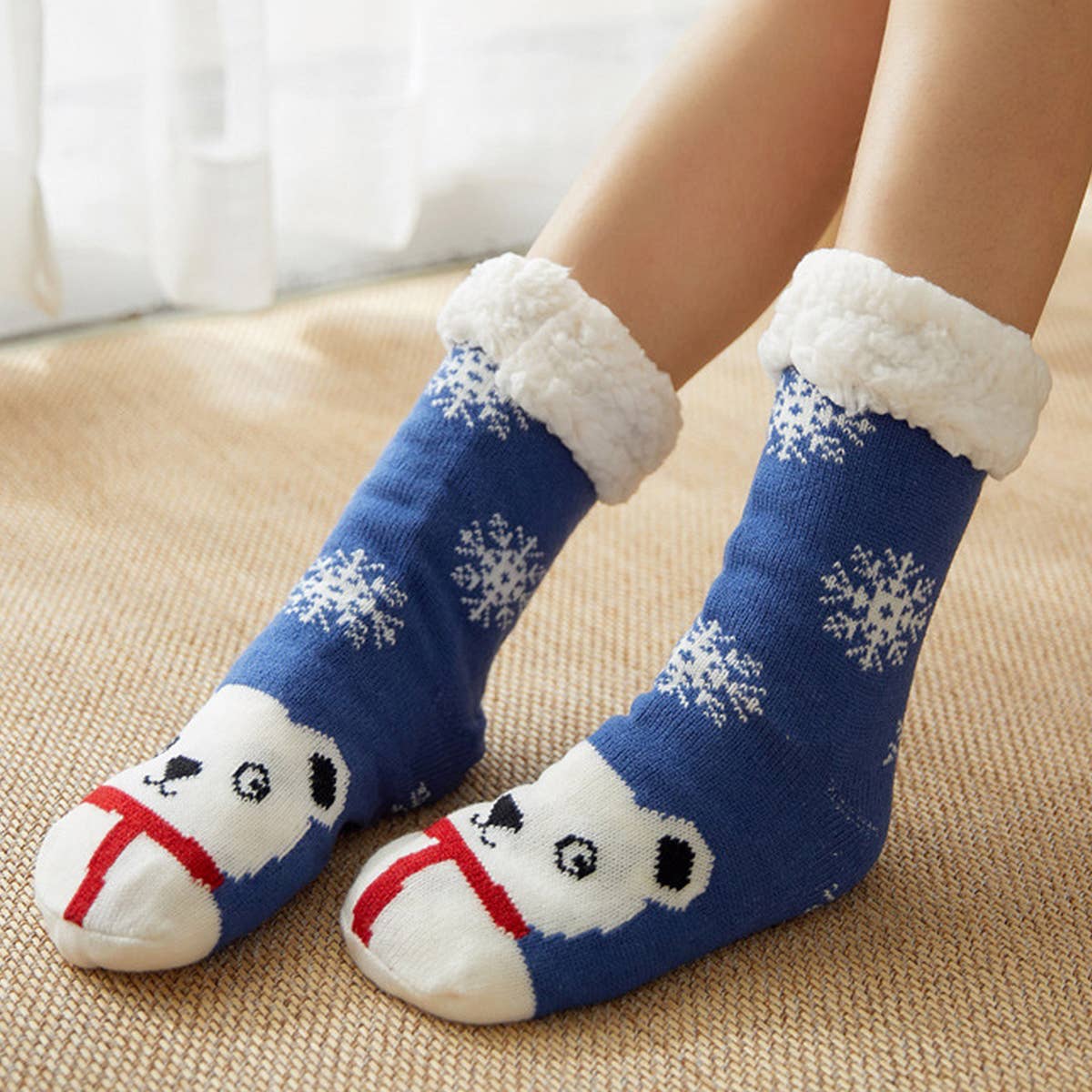 BLUE SCARF BEAR MID-TUBE PLUSH INDOOR SLIPPERS_CWMS0736