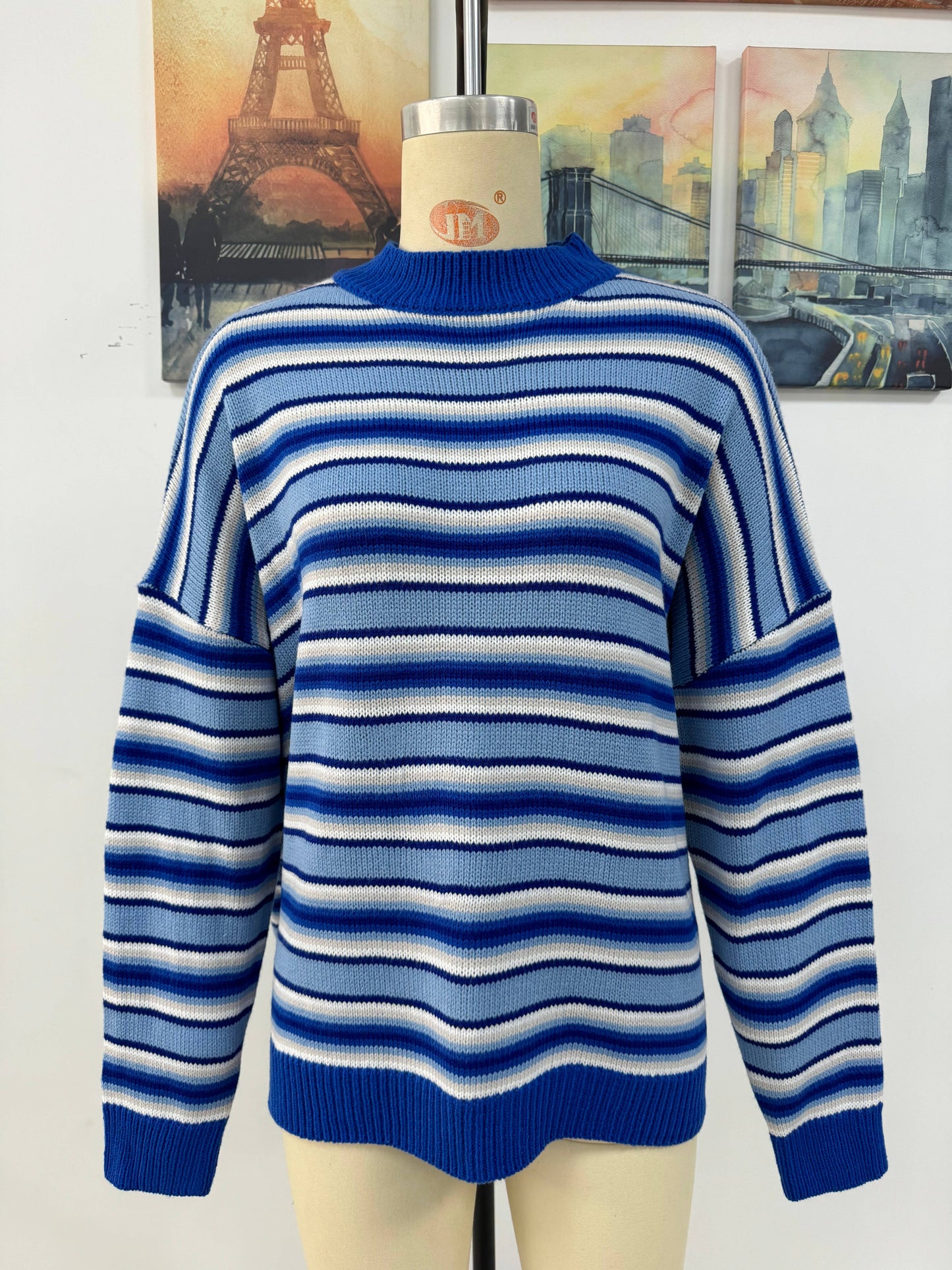 STRIPED KNIT CREWNECK PULLOVER SWEATER